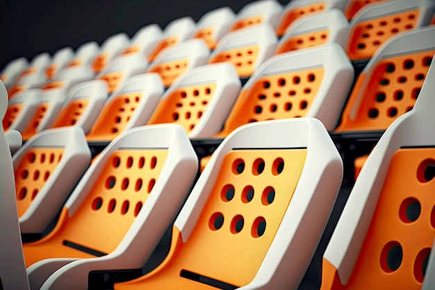 Comfortable yellow plastic seats on grandstand of empty stadium