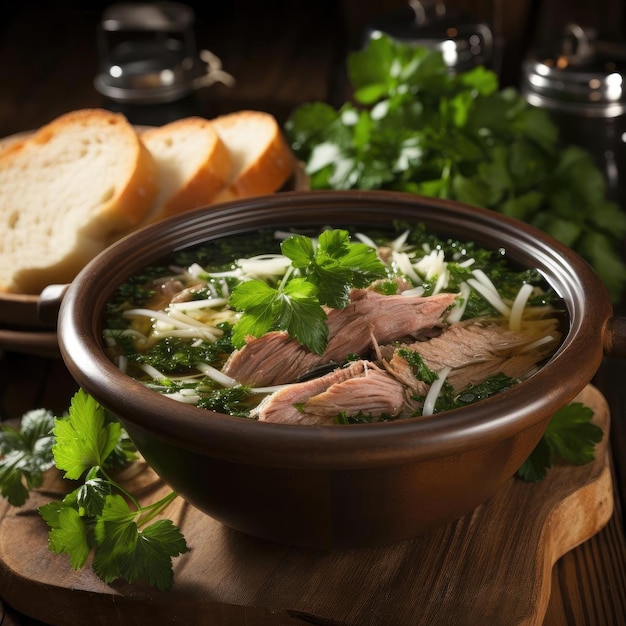 Comforting bowl of soup with meat herbs and bread