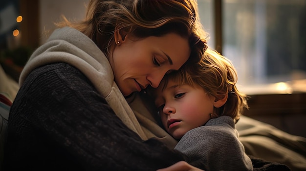 Foto un abbraccio confortante un ragazzino triste abbraccia sua madre a casa creando una cordiale scena di famiglia