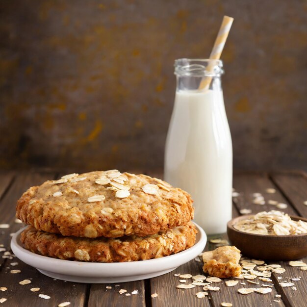 Comforting Snack Aromatic Oatmeal Cookies and a Cold Glass of Milk