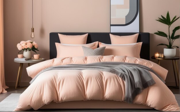 A comfy bedroom with a bed dressed in soft peach fuzz color bedding Modern trendy tone hue shade