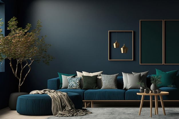 Comfy living area in a contemporary mock up with a dark blue wall texture as the background