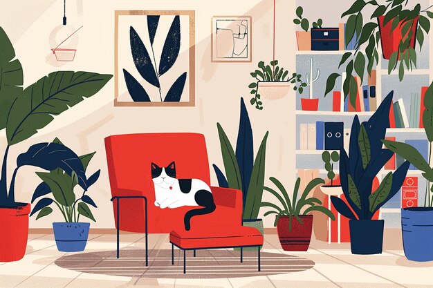 Comfy living room interior with cats sitting on armchair and ottoman and houseplants growing in pots