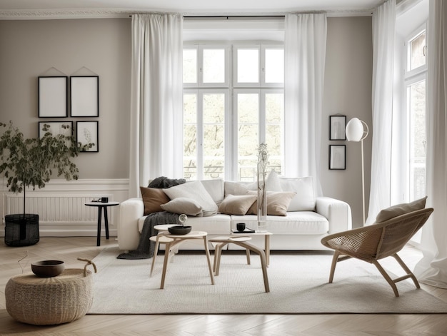 Уютный скандинавский интерьер гостиной с мебелью и украшениями Generative AI