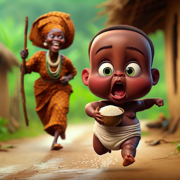 A comic animated African baby with exaggerated features an oversized head and belly