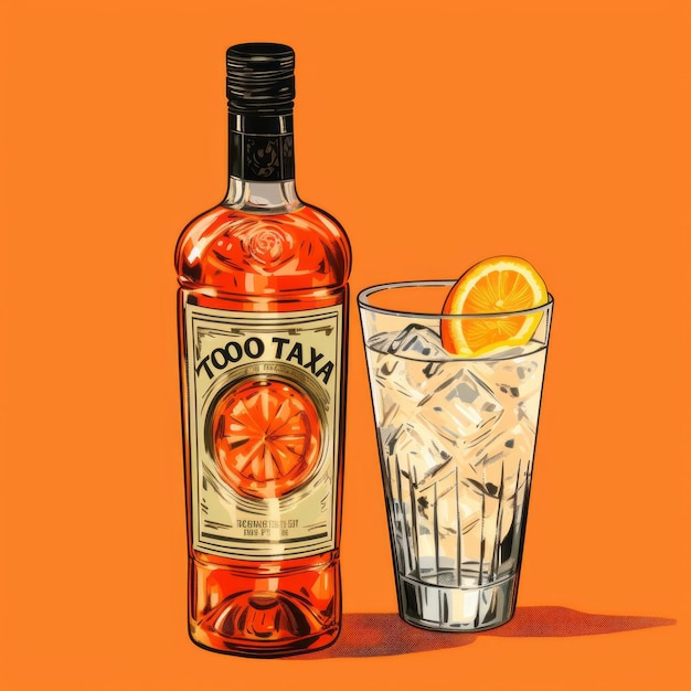 Comic Art Illustration Tin Bottle With Oranges And Gin Glass