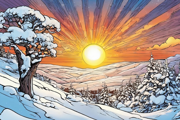 Comic art stijl van een besneeuwde omgeving bij zonsondergang