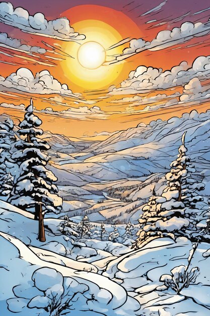 Comic art style of a snowy environment at sunset