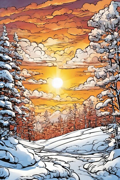 Comic art style of a snowy environment at sunset