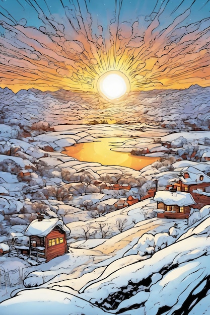 Comic art style of a snowy environment at sunset