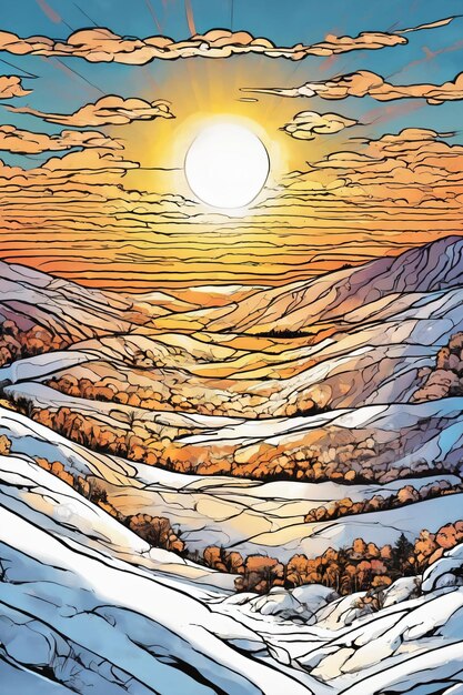 Comic art style of a snowy environment at sunset