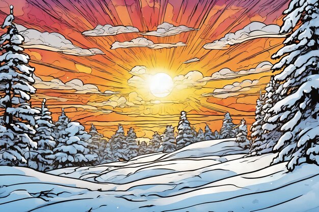 Comic art style of a snowy environment at sunset