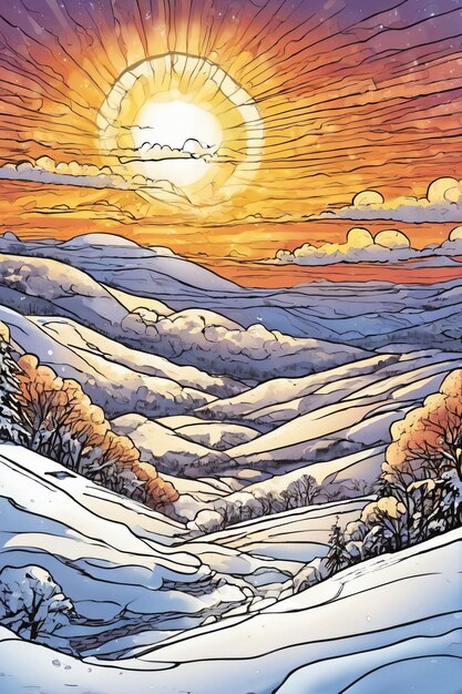 Comic art style of a snowy environment at sunset