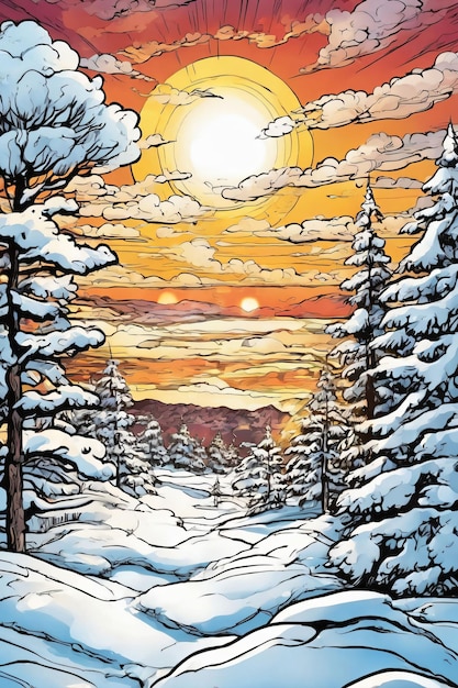 Comic art style of a snowy environment at sunset