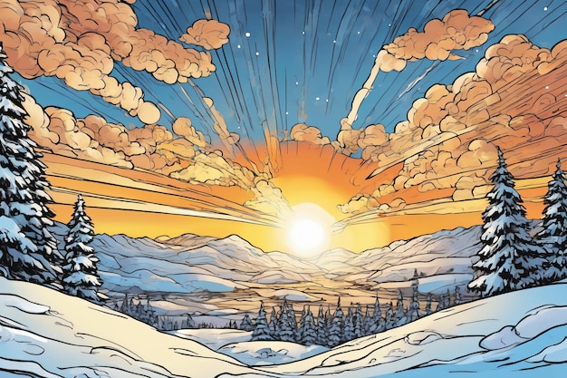 Comic art style of a snowy environment at sunset