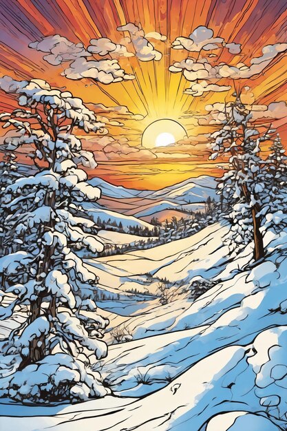 Comic art style of a snowy environment at sunset