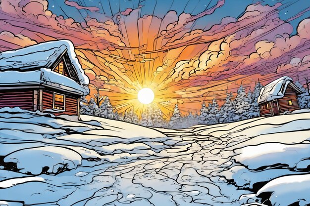 Comic art style of a snowy environment at sunset