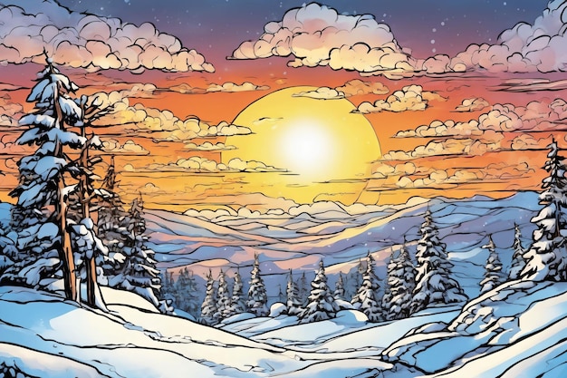 Comic art style of a snowy environment at sunset