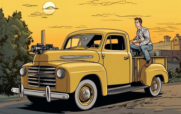 Comic book art and lineart man standing with old car generative ai