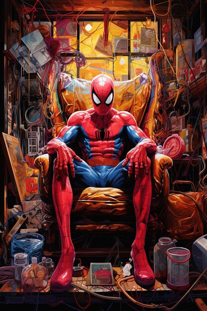 Photo a comic book character sits in a chair with a spiderman on the back