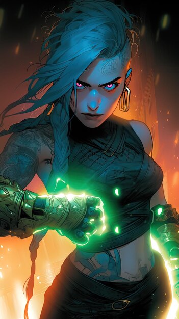 a comic book character with a blue hair and a green flash