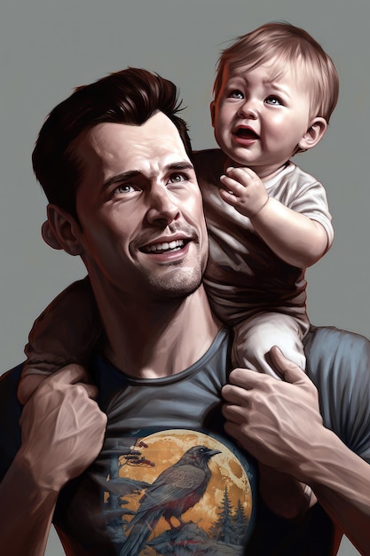 A comic book cover of a man holding a baby.