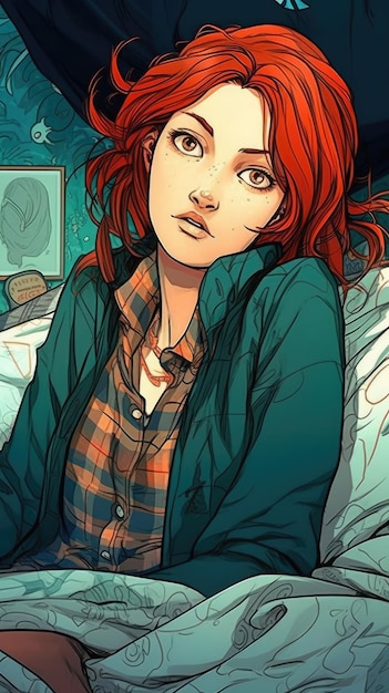 A comic book cover of a woman with red hair and a plaid shirt.