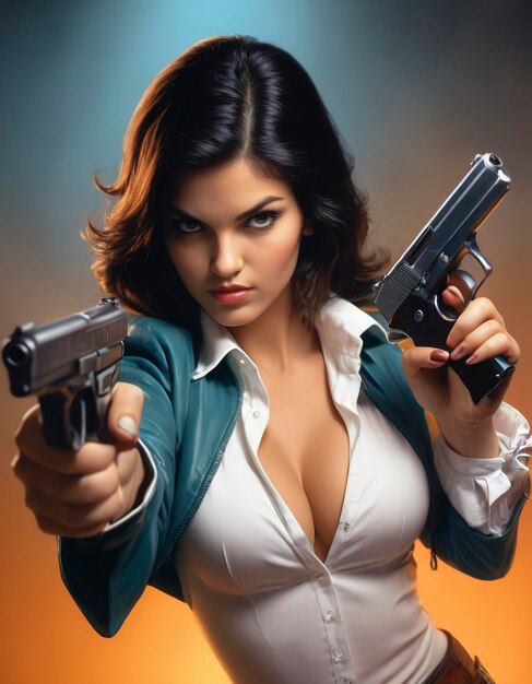 comic book illustration of pretty girl pointing a handgun