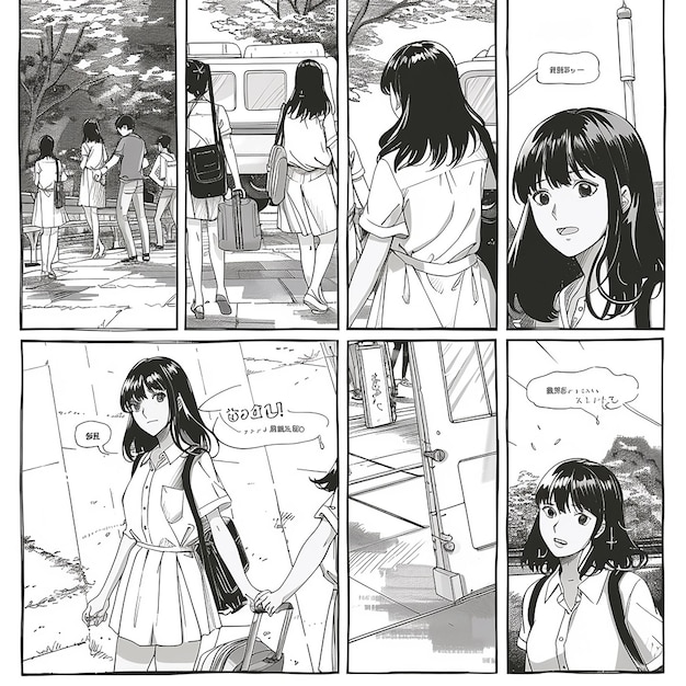 A comic book page with panels in the anime style depicts a 30 years old might worker in a dress