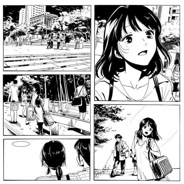 A comic book page with panels in the anime style depicts a 30 years old might worker in a dress