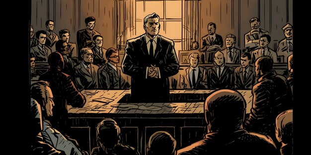 comic book style courtroom illustration