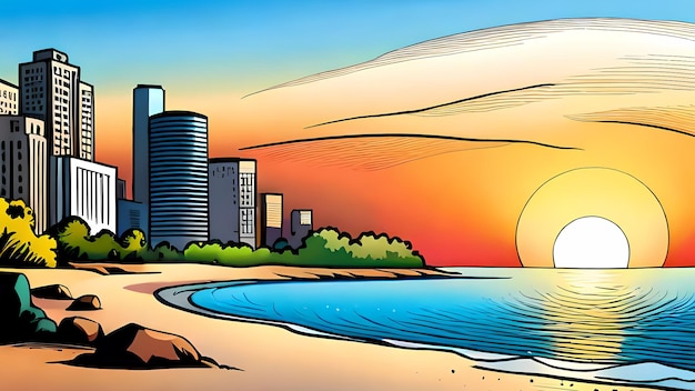 Foto mare in stile fumetto e spiaggia cittadina al tramonto illustrazione ai generativa