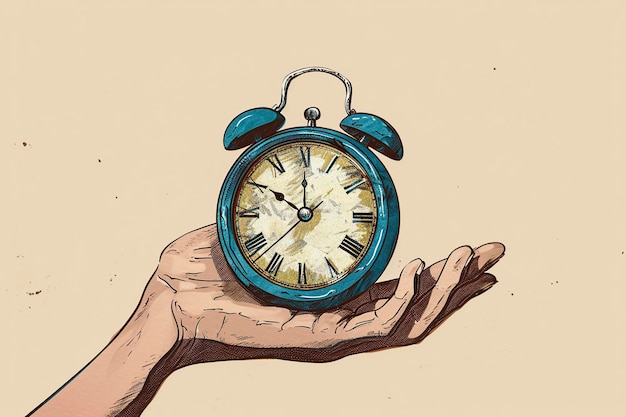 Photo comic cartoon hands holding a clock