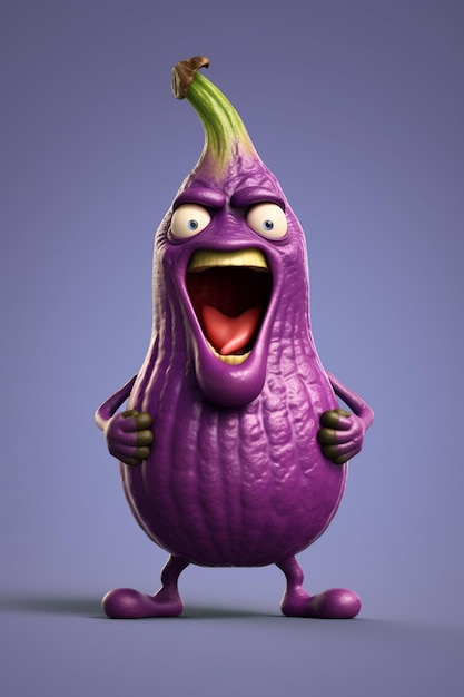 Photo comic eggplant character frenzy yelling fruit emoji on white background