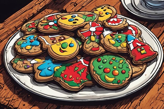 Photo comic illustration of a colorful christmas cookies on a plate xmas background