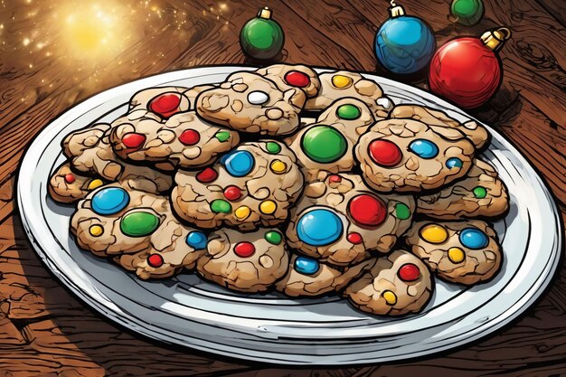 Фото comic illustration of a colorful christmas cookies on a plate xmas background
