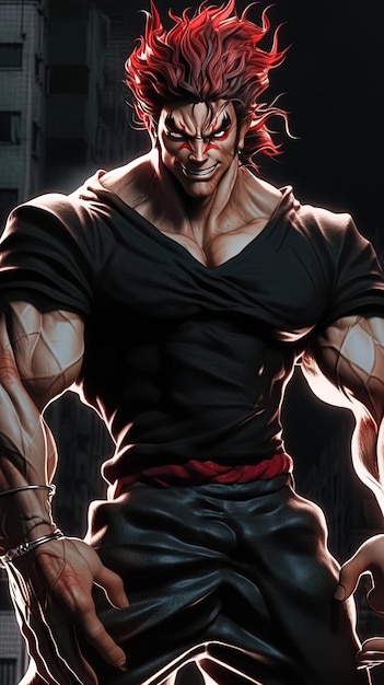 a comic of a man with a black shirt and a red belt.