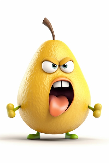 Comic PEAR character frenzy yelling fruit emoji on white background