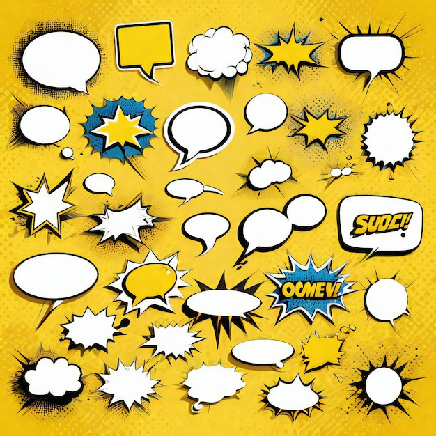 Comic speech bubble collection yellow background Generative AI