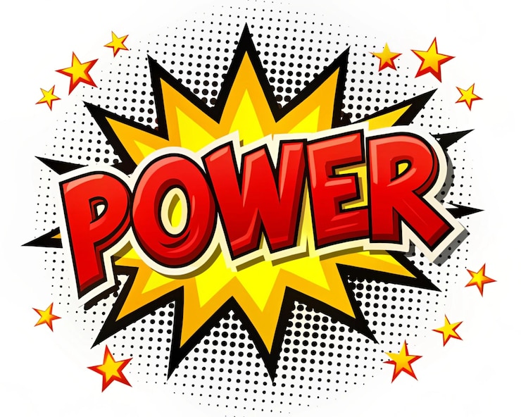 Foto comic-stijl explosiebubbel met power-tekst in rood en geel op witte achtergrond