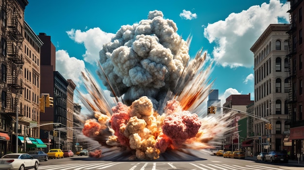 Foto comic streets boom explosion cloud 3d pop art esplosione su una strada cittadina