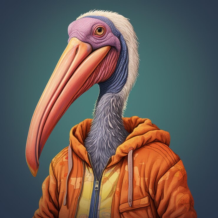 Photo comical animal with a huge beak in a jacket realistic and hyperdetailed renderings