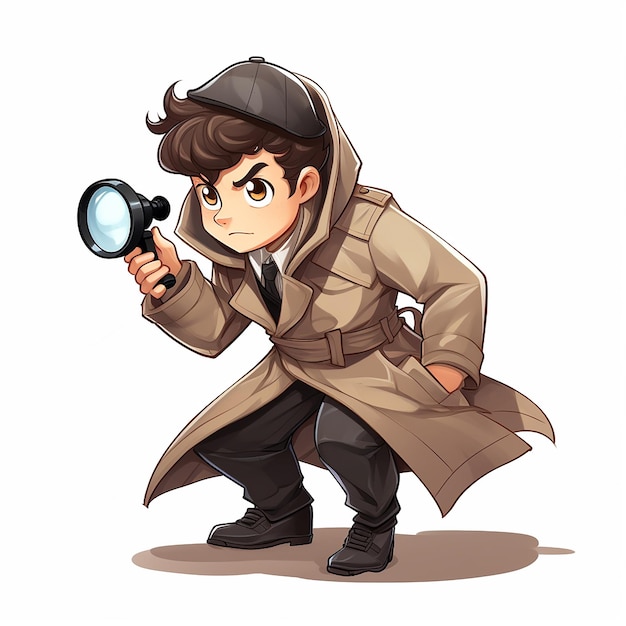 Photo comical detective character with magnifying glass and trench coat searching for clues on white back