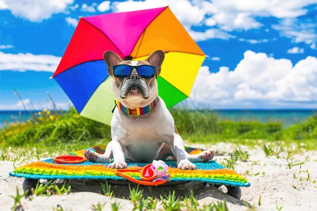 Foto un momento comico di un cane dall'aspetto divertente che indossa occhiali da sole che mangia gelato sotto un ombrello da spiaggia