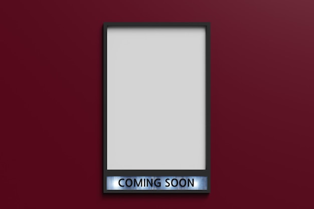 Coming soon movie poster mockup on red wall 3d rendering