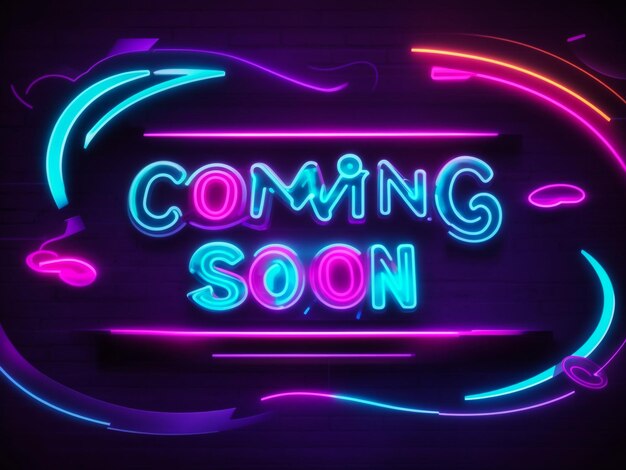 Coming soon neon emblems set Geometric frame Party and sale preparation signs collection