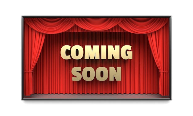 Coming Soon poster. Golden letters, red stage curtains revealing a message. Cable tv show advertisement, blockbuster movie premiere, party invitation poster, new product flyer concept. 3D illustration