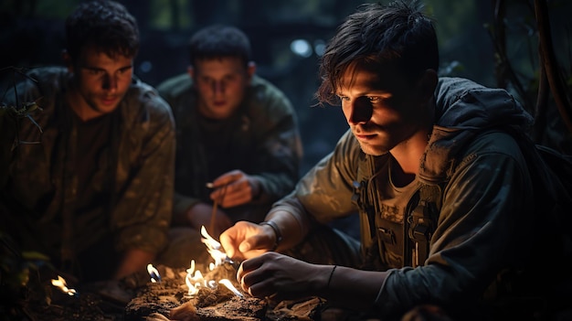 Photo in a commanding center generals hunched over a detailed map strategizing and counterstrategizing