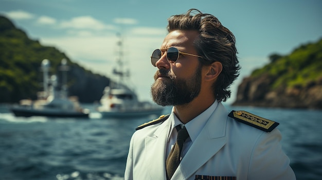 Foto la posizione di comando di un capitano che guarda verso il mare e la terra lontana