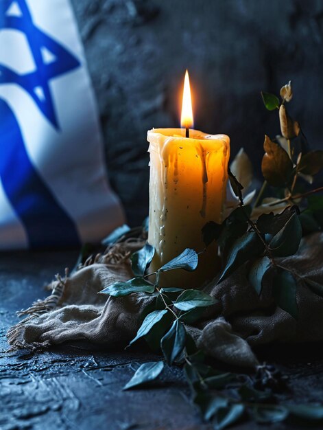 Commemoration of the Holocaust with a flickering candle and Israels flag on a somber backdrop